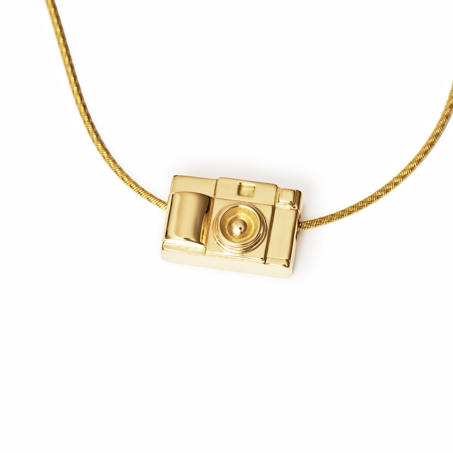 18k solid gold Camera Charm with hidden bail on snake chain