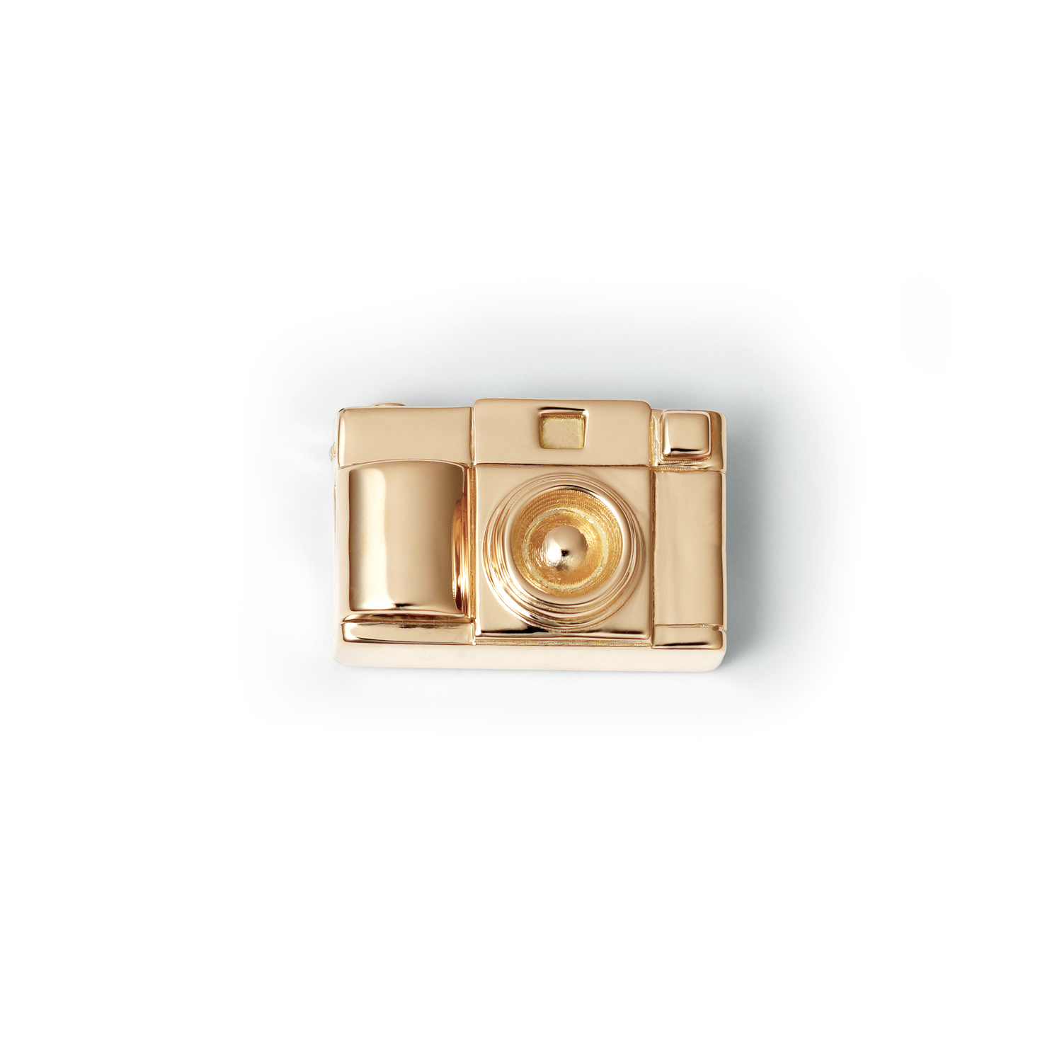 18k solid gold Camera Charm with hidden bail front top on white