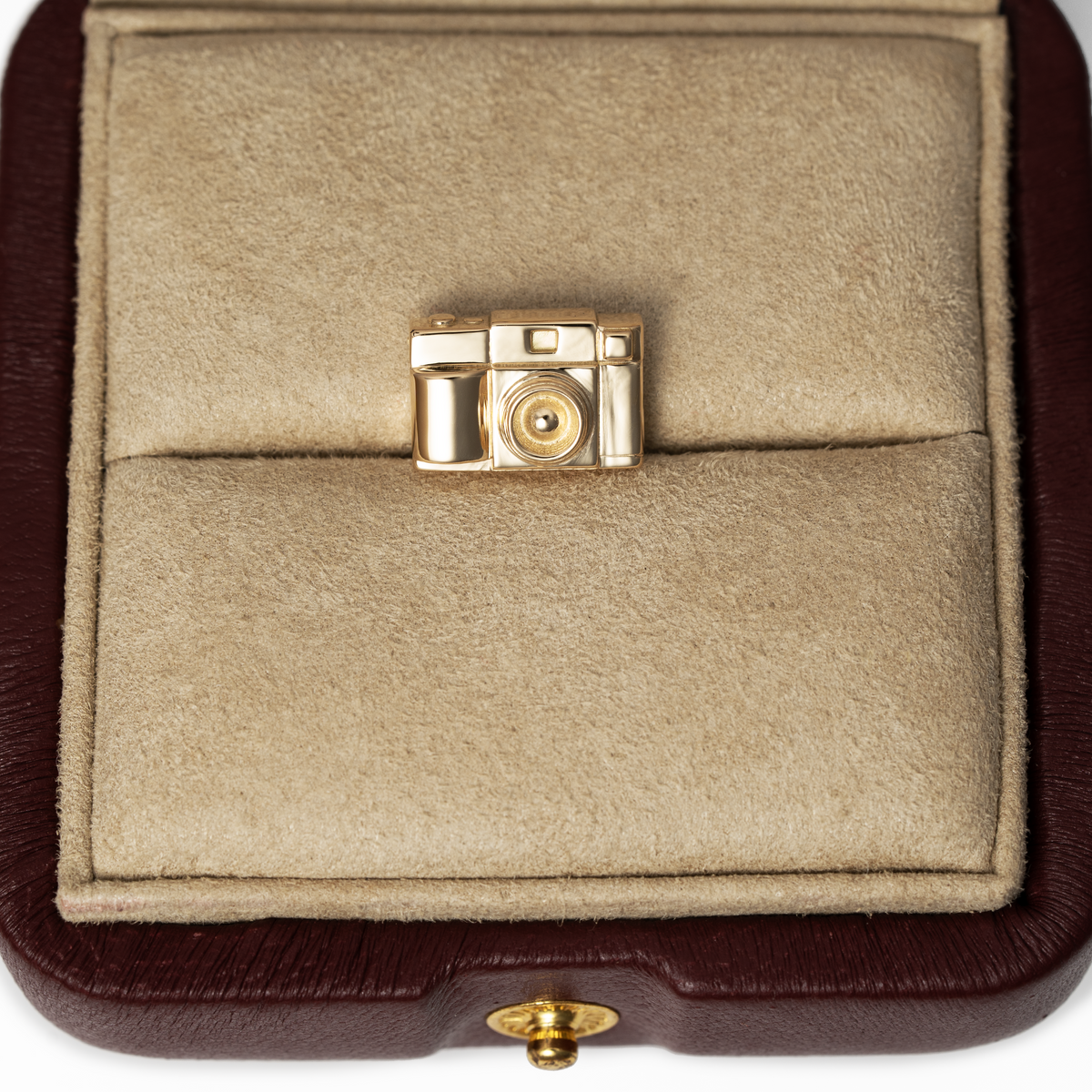 18k solid gold Camera Pendant in hidden bail on leather suede burgundy box