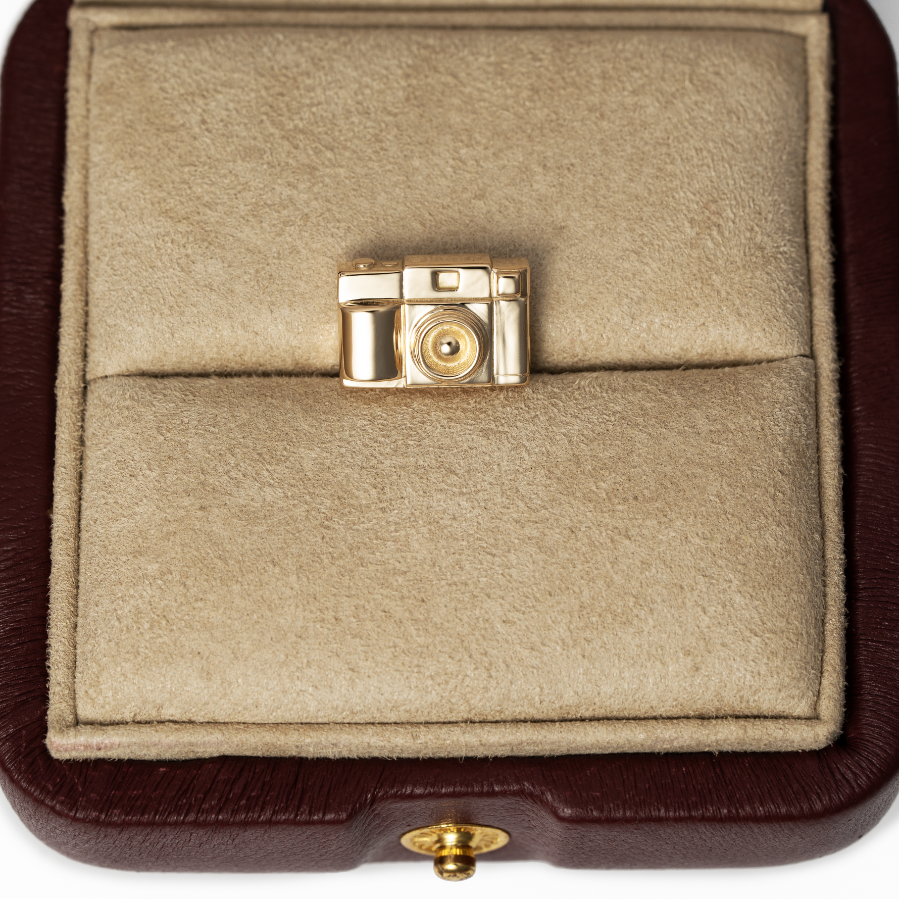 18k solid gold Camera Pendant in hidden bail on leather suede burgundy box