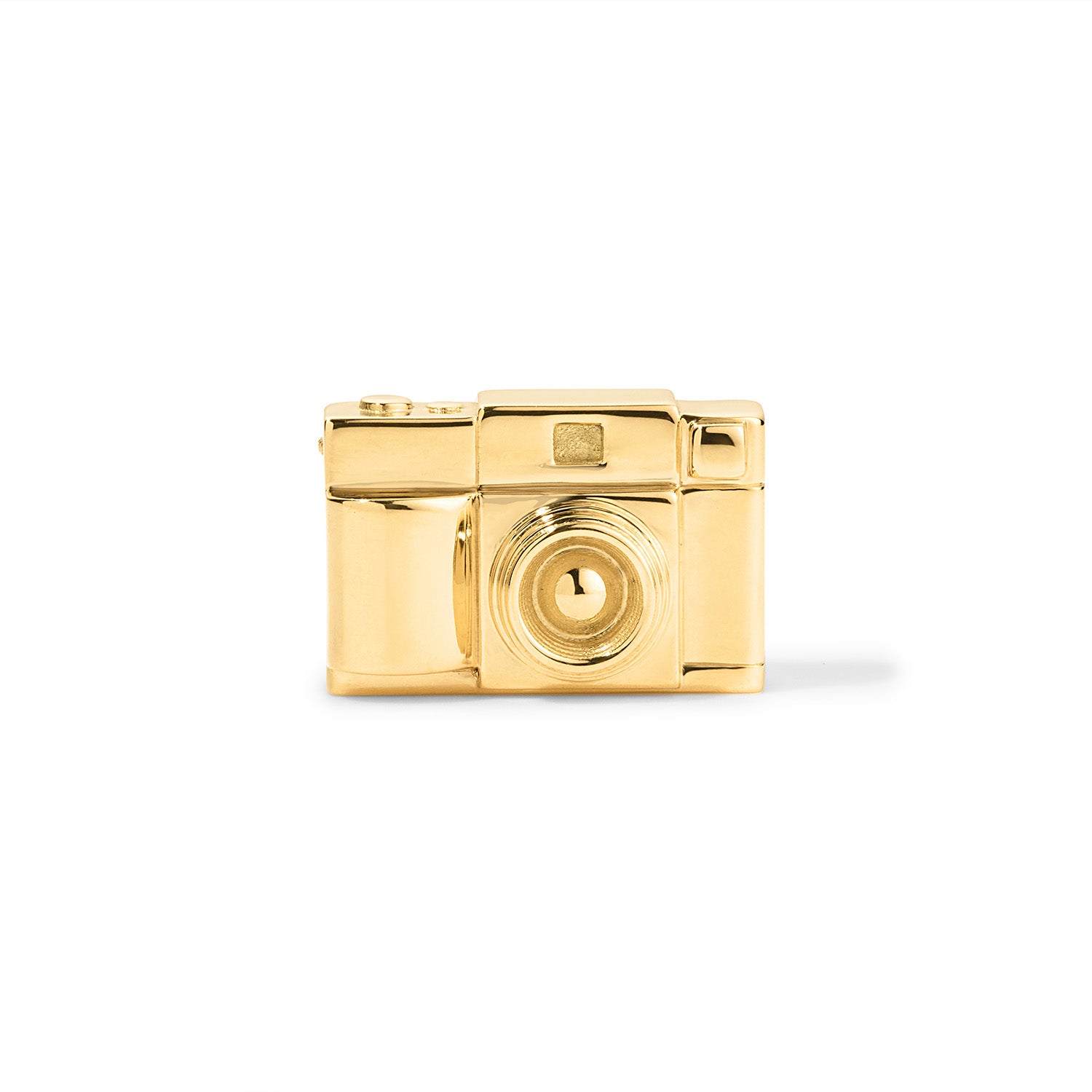 18k solid gold Camera Charm with hidden bail front on white