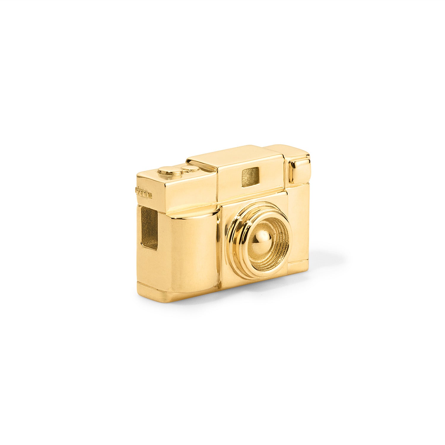 18k solid gold Camera Charm with hidden bail front angle on white