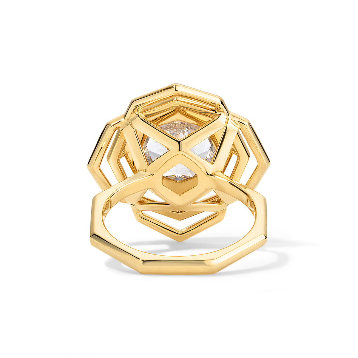 Octagonal Rose Engagement Ring 18K Yellow Gold on white background angled showing under diamond detail