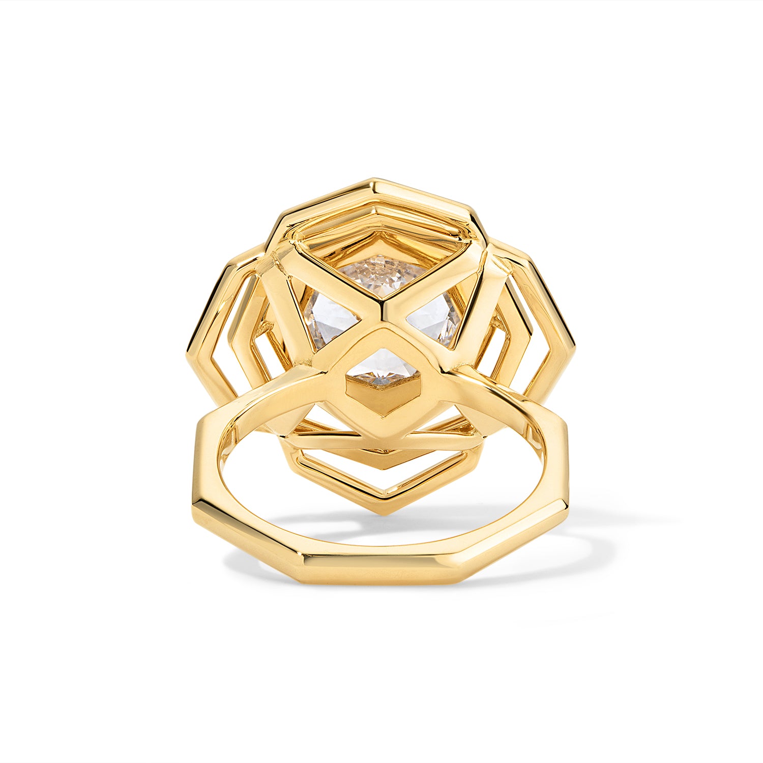 Octagonal Rose Engagement Ring 18K Yellow Gold on white background angled showing under diamond detail