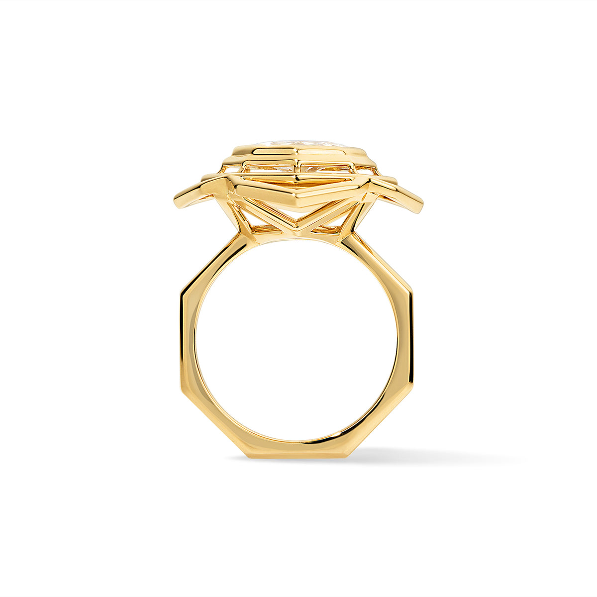 Octagonal Rose Engagement Ring 18K Yellow Gold on white background from the side showing octagonal band