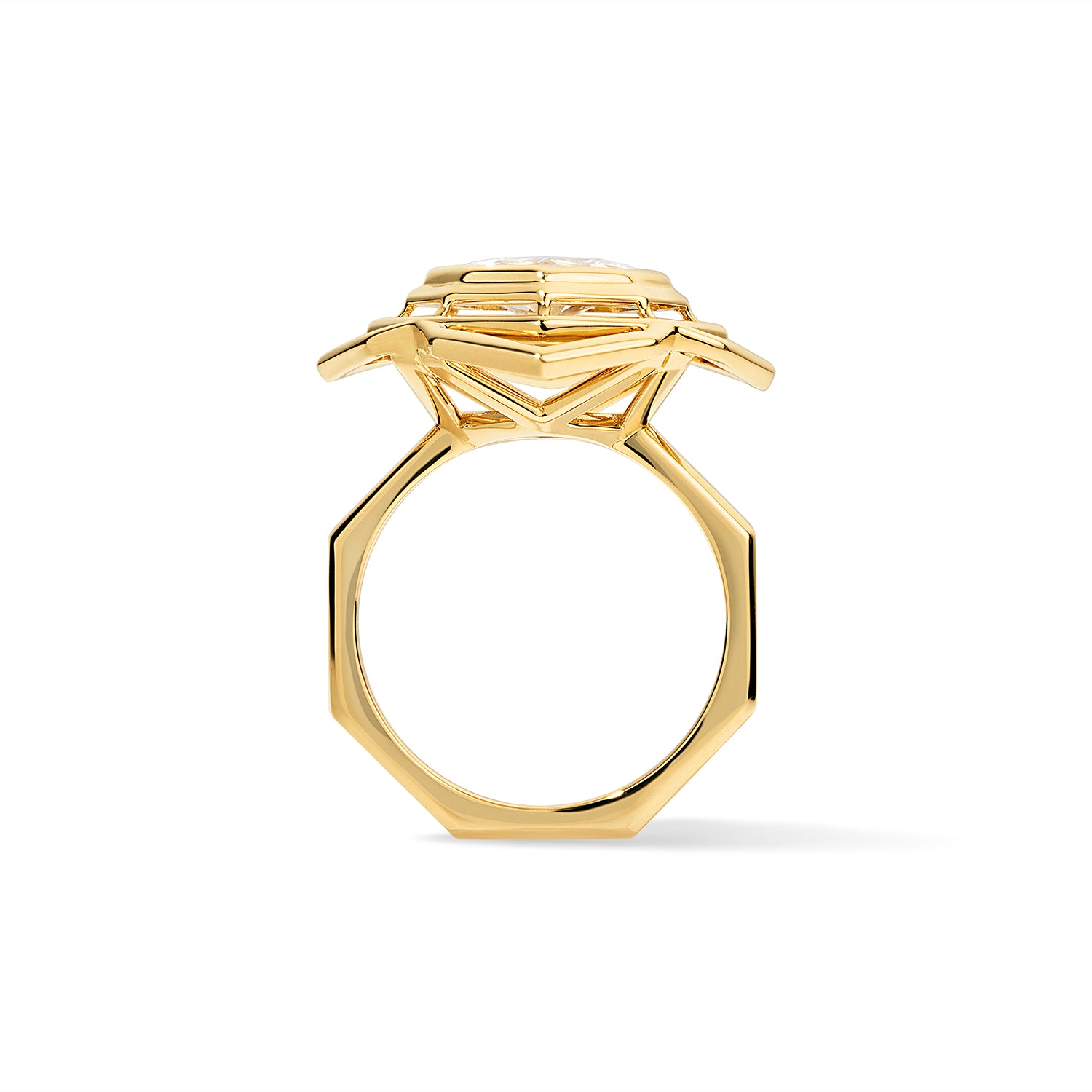 Octagonal Rose Engagement Ring 18K Yellow Gold on white background from the side showing octagonal band