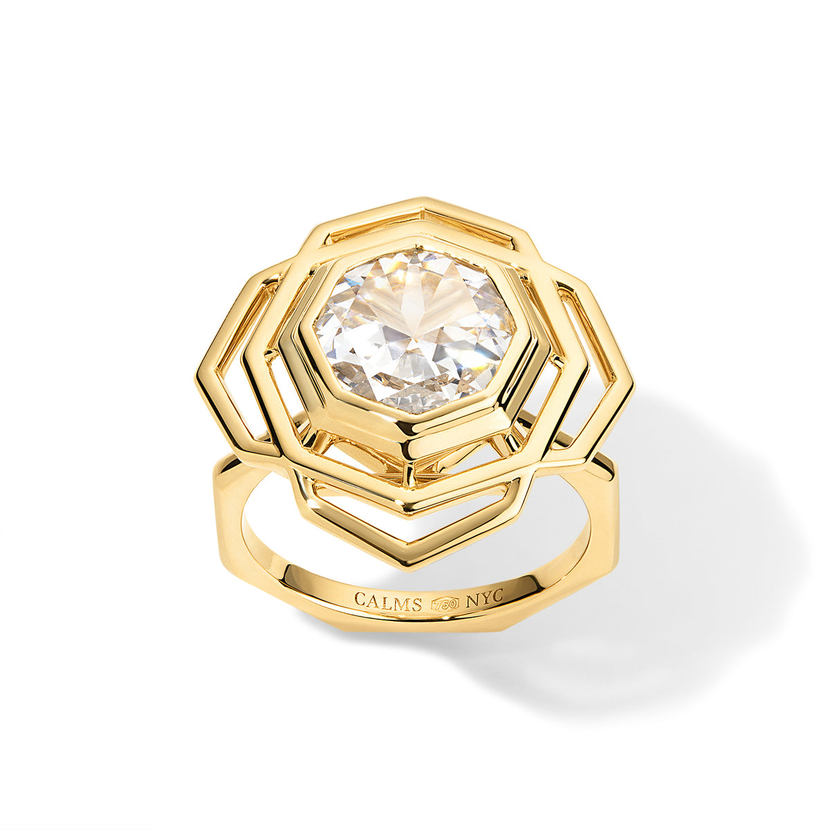Octagonal Rose Engagement Ring 18K Yellow Gold on white background angled showing CALMS hallmark in band