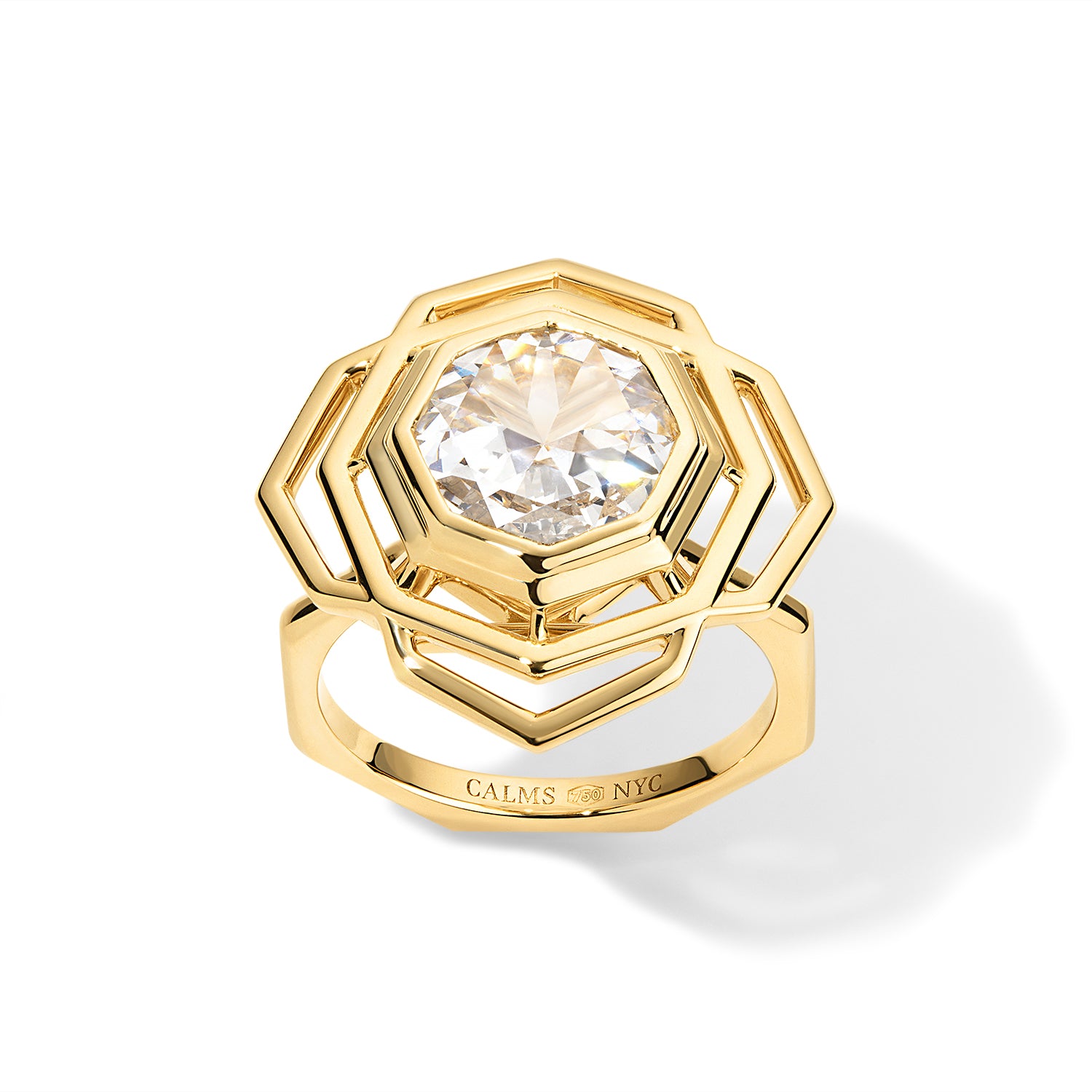 Octagonal Rose Engagement Ring 18K Yellow Gold on white background angled showing CALMS hallmark in band