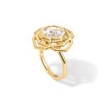Octagonal Rose Engagement Ring 18K Yellow Gold on white background angled showing top diamond and CALMS hallmark in band