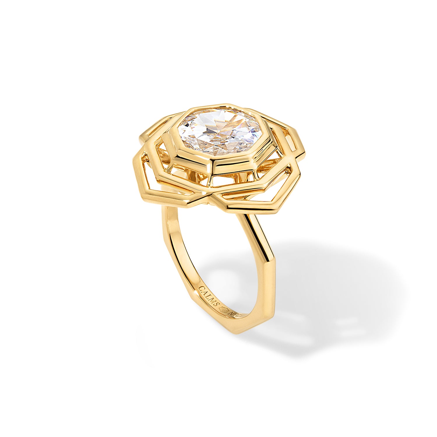 Octagonal Rose Engagement Ring 18K Yellow Gold on white background angled showing top diamond and CALMS hallmark in band