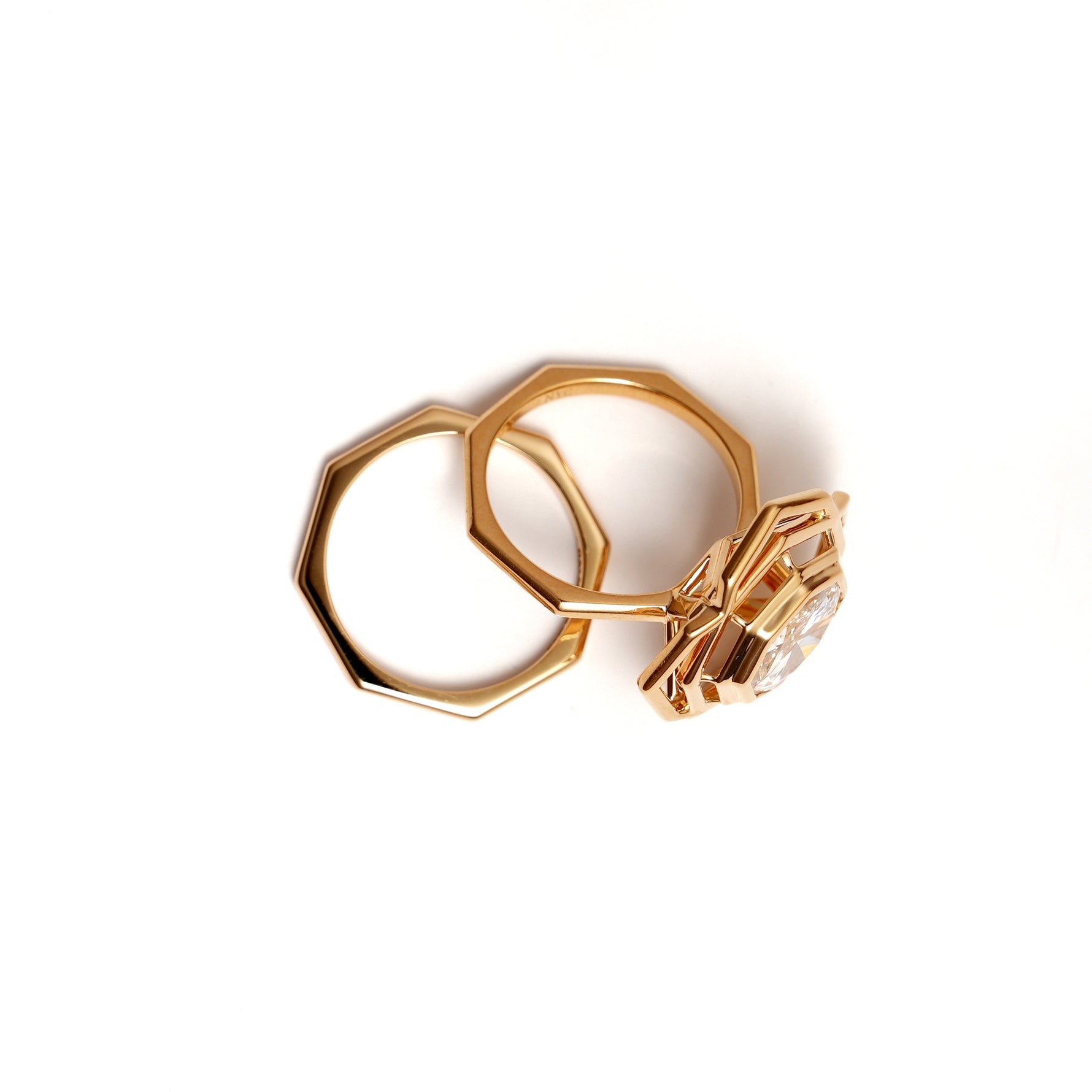 Octagonal Rose Engagement Ring and wedding band side view