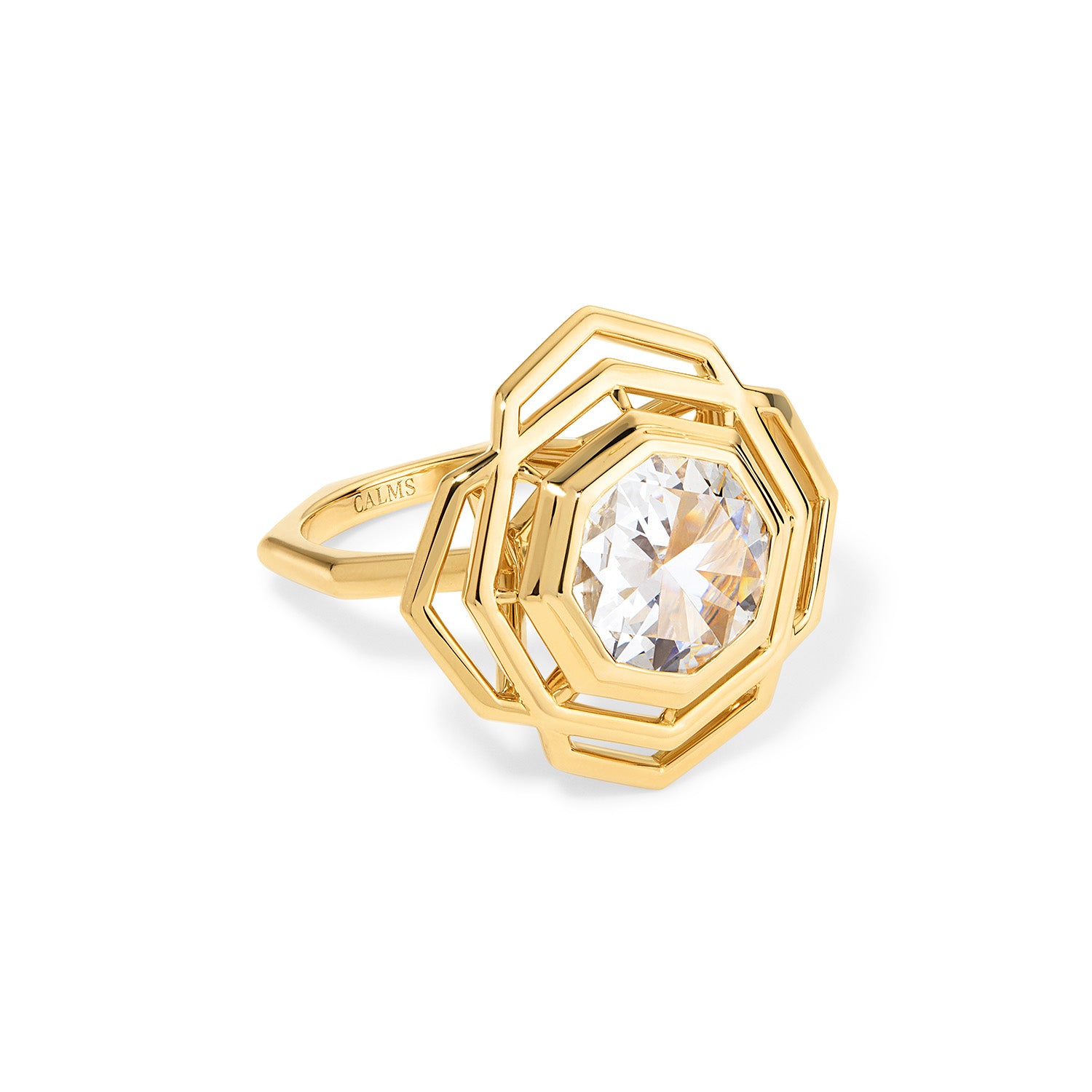 Octagonal Rose Engagement Ring on white background angled showing CALMS hallmark