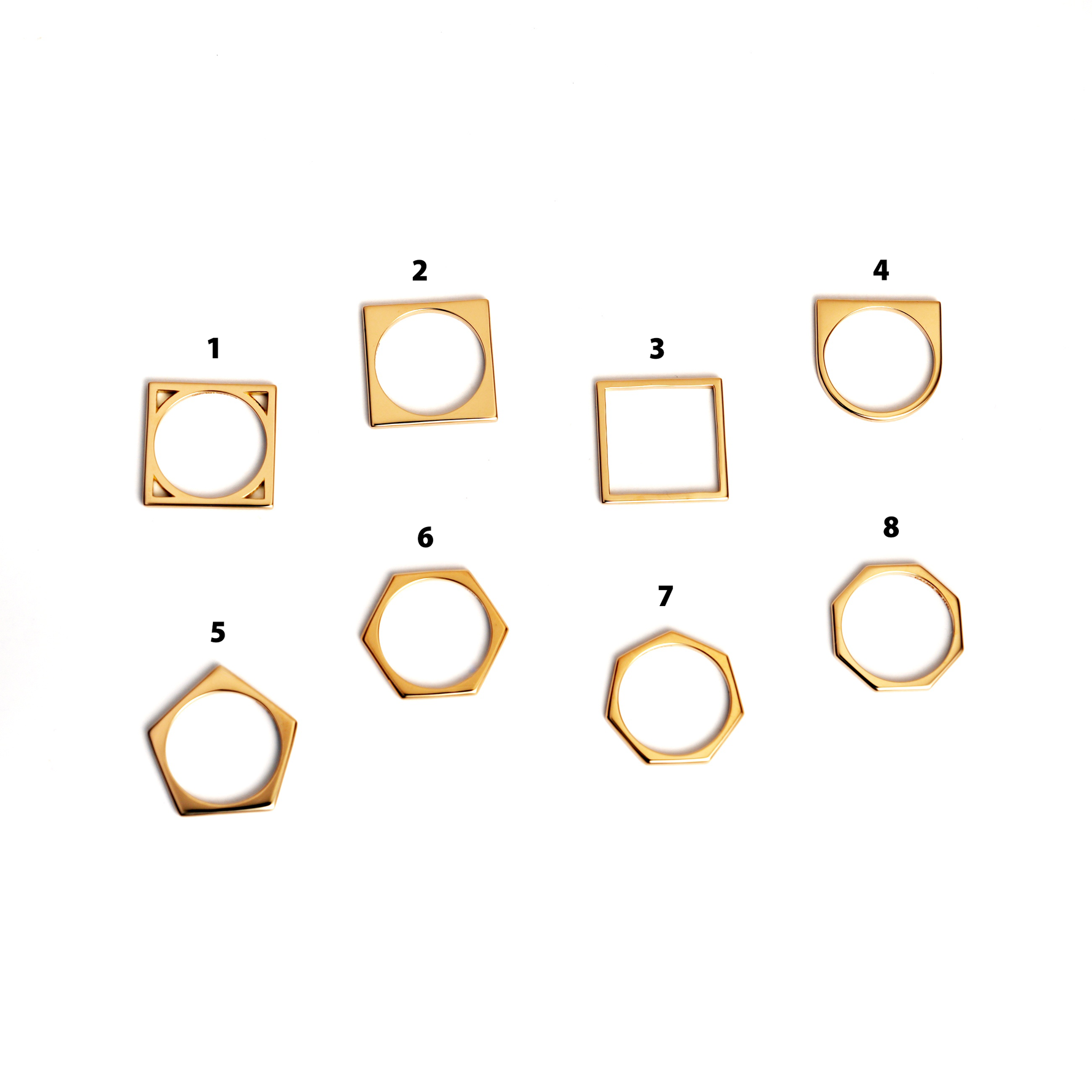 Ring bands all shapes square pentagon, hexagon, heptagon, octagon ring in 18k yellow gold on white background with numbers for each of 8 rings