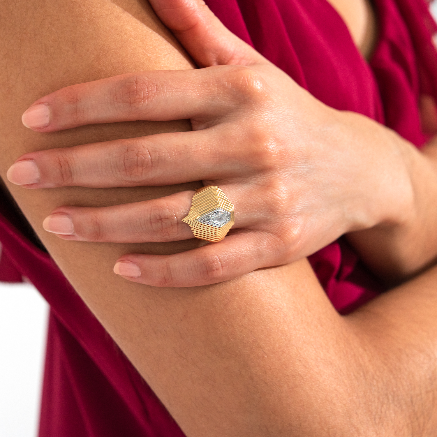 Ripple Diamond Engagement Ring chunky thick band on hand crossed arms red dress