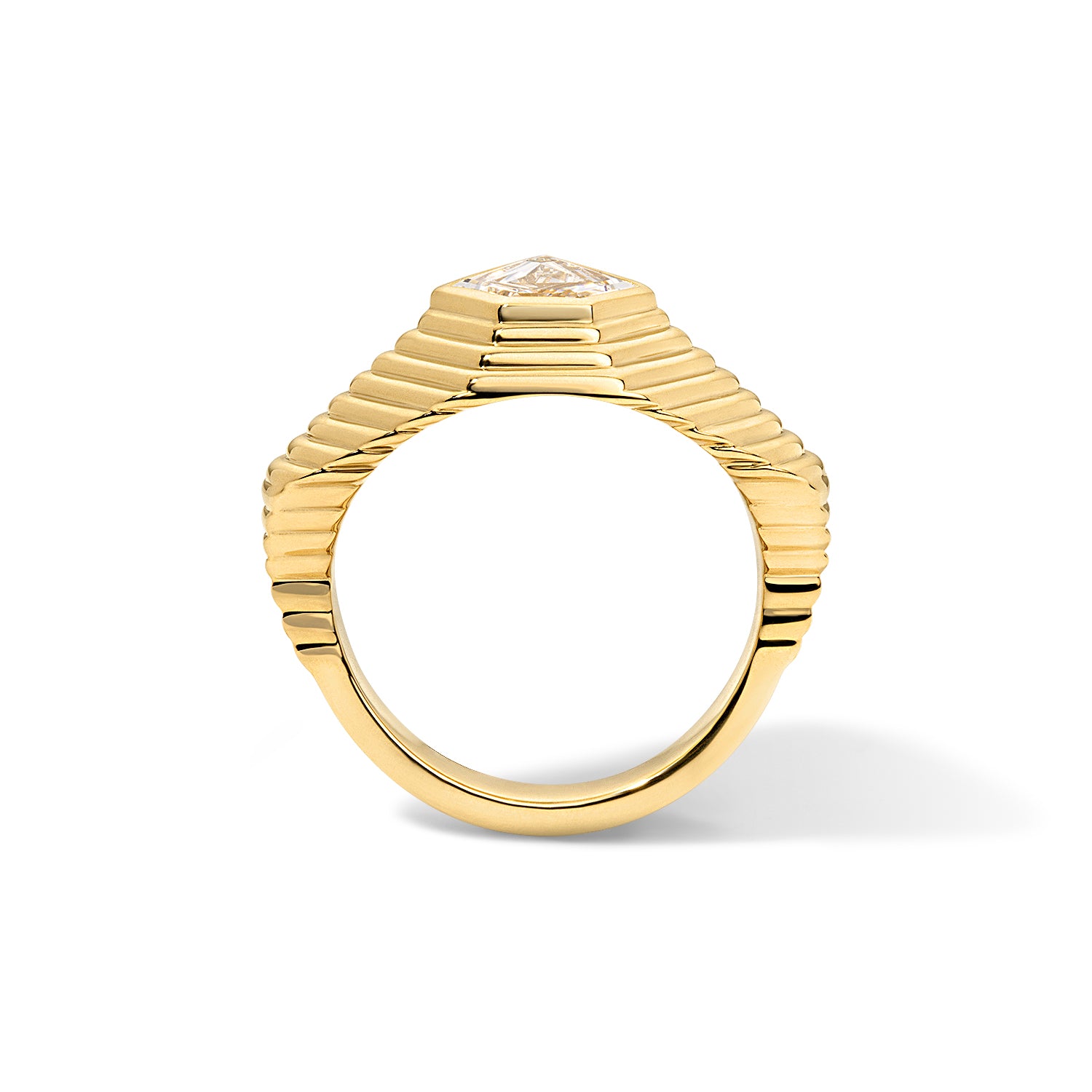 Ripple Diamond Ring 18K Yellow Gold ribbed band heptagon side through 