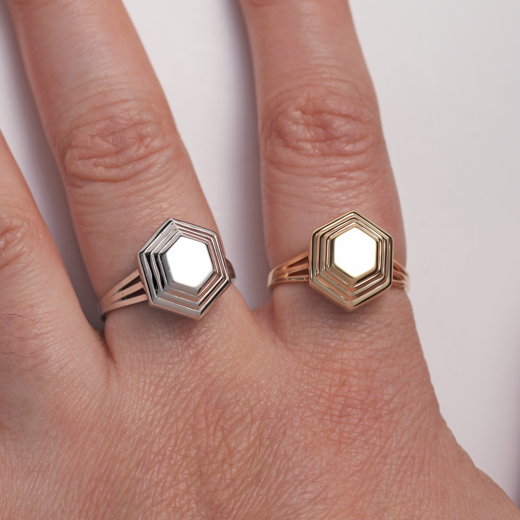 Sage Hex Ring 18K Yellow Gold and Platinum on hand top view of pointer and middle finger