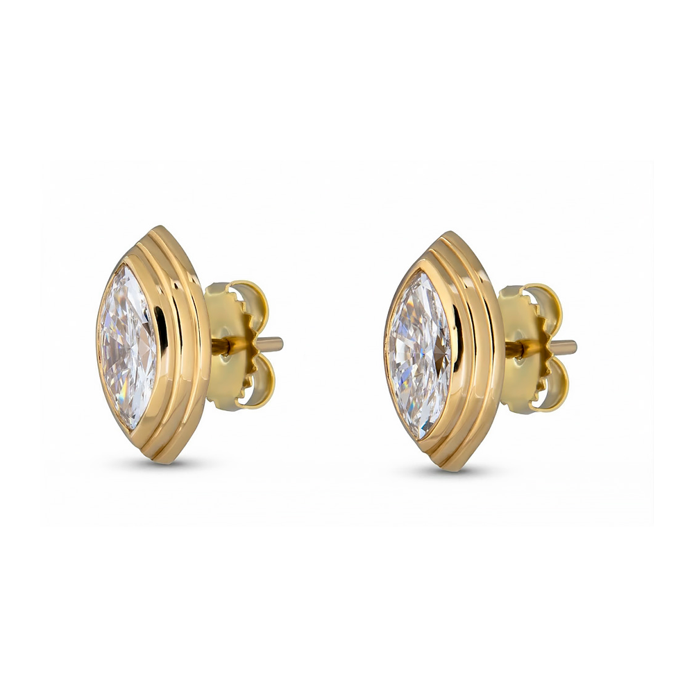 Sage Marquise Diamond Earrings floating on white background from side angle showing posts and butterfly back details